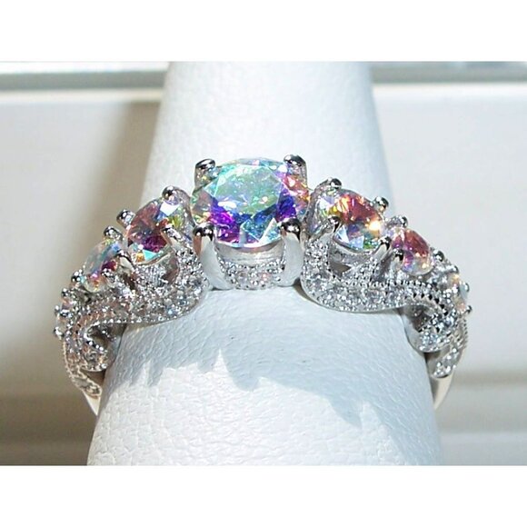 925 STERLING SILVER Simulated Mercury Mystic CZ Ring Round Cut - Picture 1 of 16